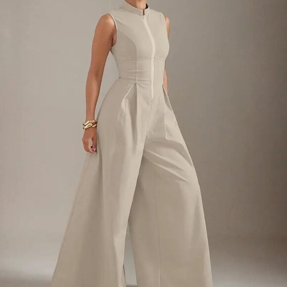 Ivory White Wide Leg Zip Up High Neck Jumpsuit - Picture 7 of 7